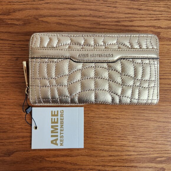 AIMEE KESTENBERG GOLD TONE LEATHER ZIP AROUND WALLET SMALL PHONE CASE - Picture 3 of 7